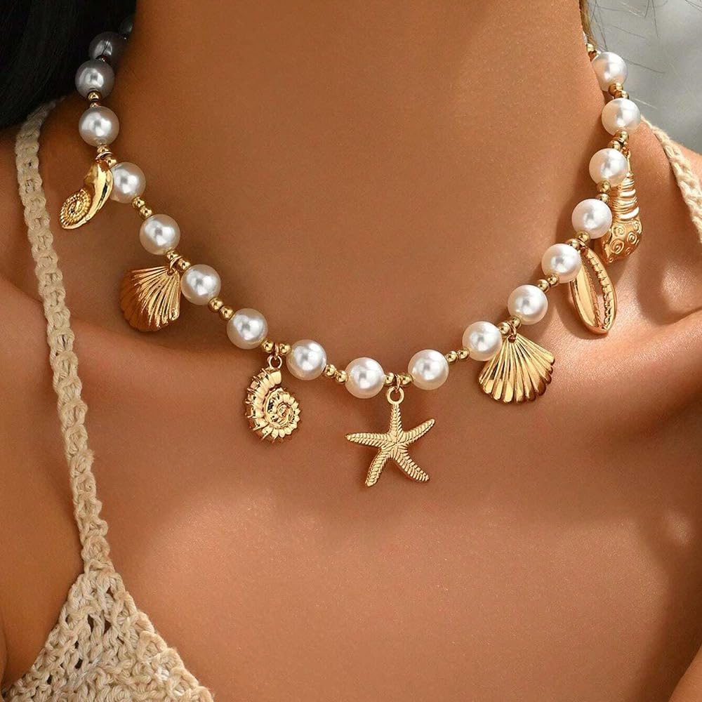 Seashell Necklace Beach Jewelry for Women Starfish Fish Necklace Boho Pearl Choker Sea Shell Necklaces for Women Beach Necklaces Summer Vacation Jewelry (Style6)