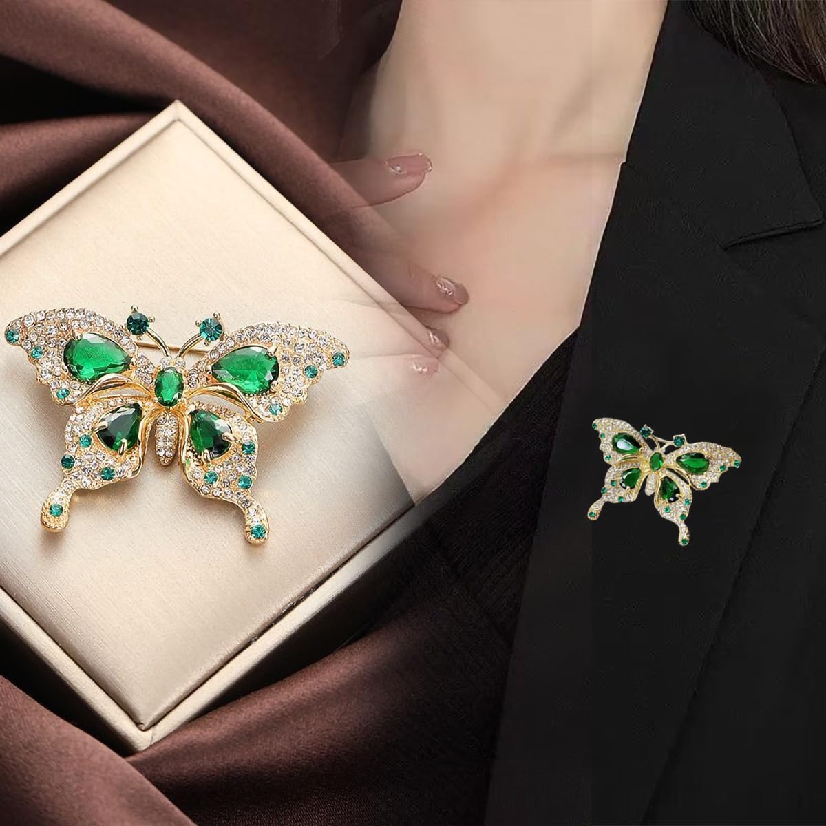 Yaximhozz 2pcs Rhinestone Brooch Pin for Women Dress Elegant Stylish Crystal Brooches Fashion Accessories Pins Lapel Boutonniere Ideas Wedding Christmas Birthday Jewelry Easter Gift (13 Green Butterfly/Gold)