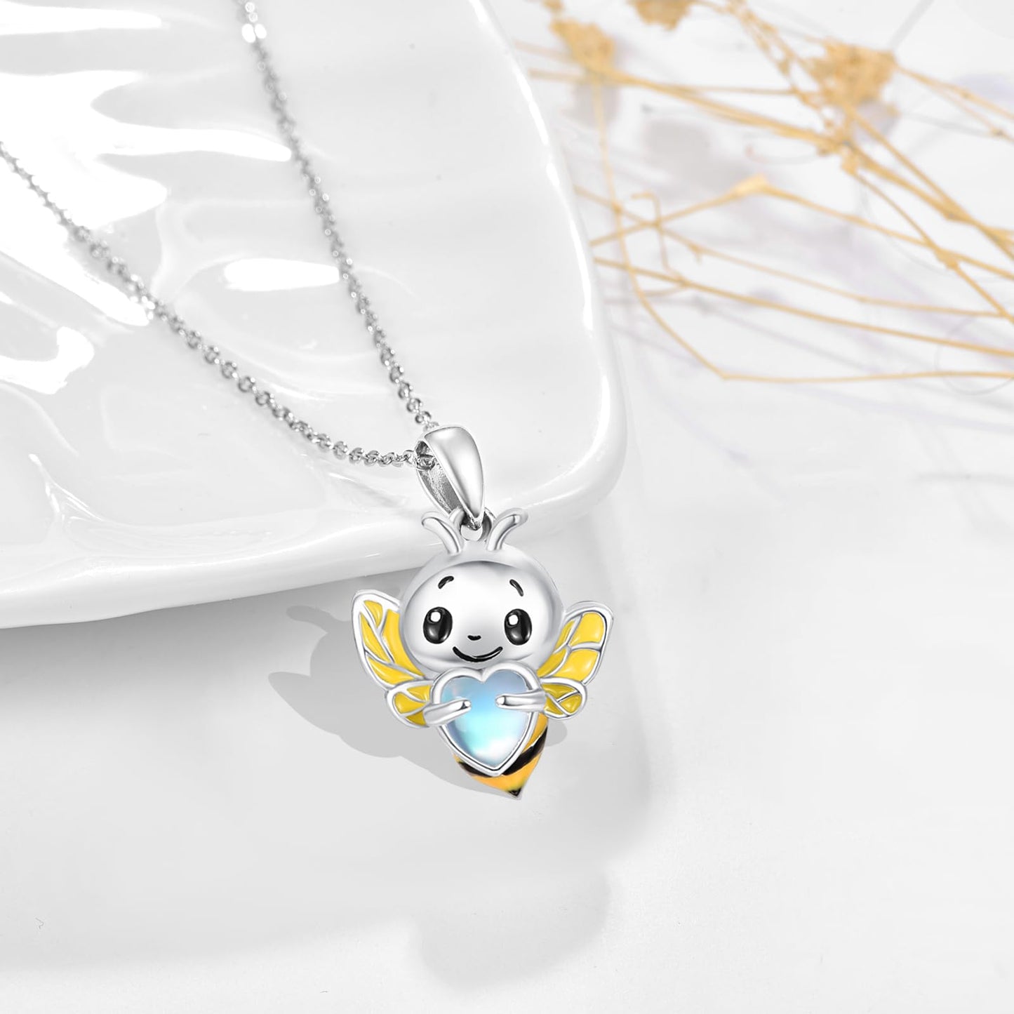Dreamboat Bee Pendant Necklace for Women 925 Sterling Silver Moonstone Bumble Bees Animal Jewelry Gifts
