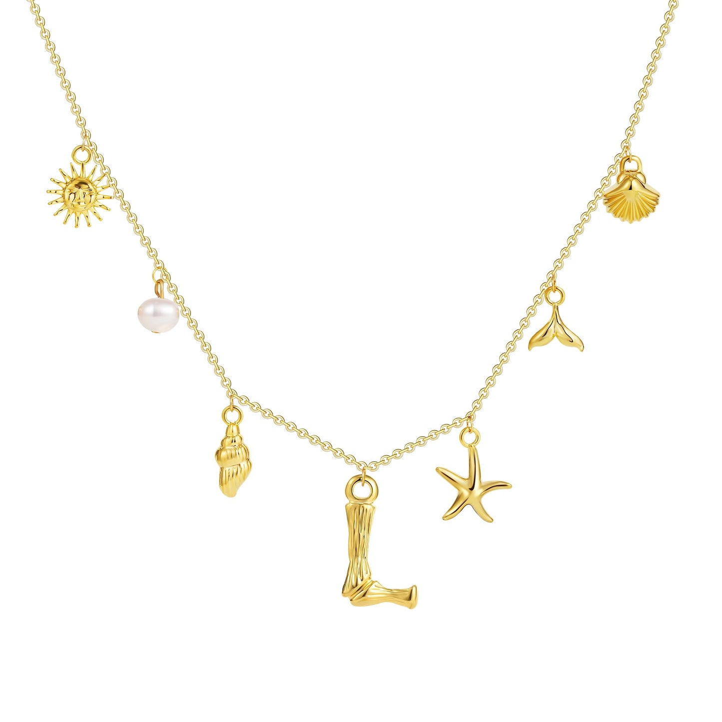 SLOONG Initial Charm Necklace 14K Gold Plated Letter Neckalce Freshwater Pearl Necklace Choker Boho Summer Seashell Beach Starfish Surfer Jewelry Gifts for Women L