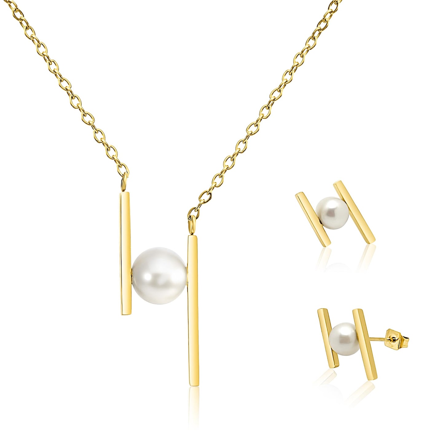 GLOSSET Gold Pearl Necklace and Earring Set, 18K Gold Plated Earrings and Necklace Set for Women, Dainty Freshwater Pearl Set Jewelry for Women Girls Gift (Gold - H Shape)
