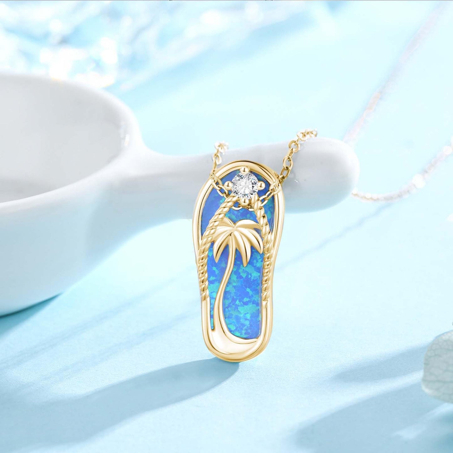 Midir&Etain Flip Flop Necklace 925 Sterling Silver 14K Gold Plated Palm Tree Pendant Beach Blue Opal Necklace Flip-Flop Opal Jewelry for Women