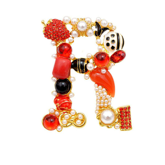 RINHOO Crystal Pearl Initial Brooch Gold Plated Enamel Colorful Letter Alphabet Breastpin Pin Jewelry for GIFTS (Letter -R)