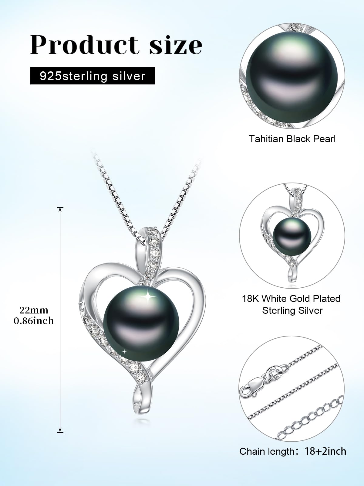 KANNSOAR 9MM Tahitian Black Pearl Heart Pendant Necklace Pearl Jewelry-Wedding Birthday Anniversary Valentines Day Christmas Mothers Day Gifts for Women Wife Mom Girlfriend Her