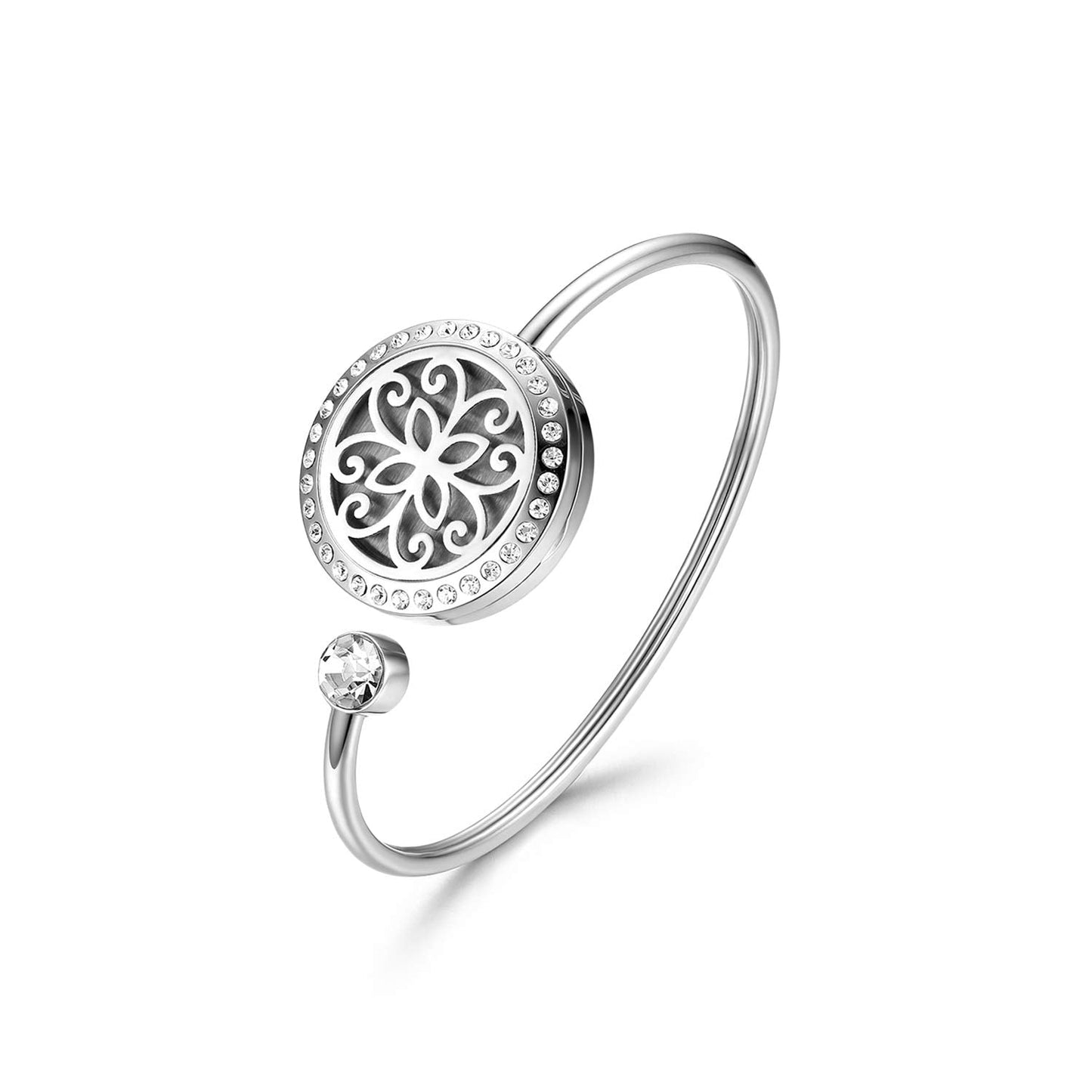 Cupimatch Adjustable Tree of Life Essential Oil Diffuser Bracelet, Stainless Steel CZ Aromatherapy Locket Bangle 8 Color Pads Jewelry Set for Women Girl Gifts (Flower) for Mothers Day