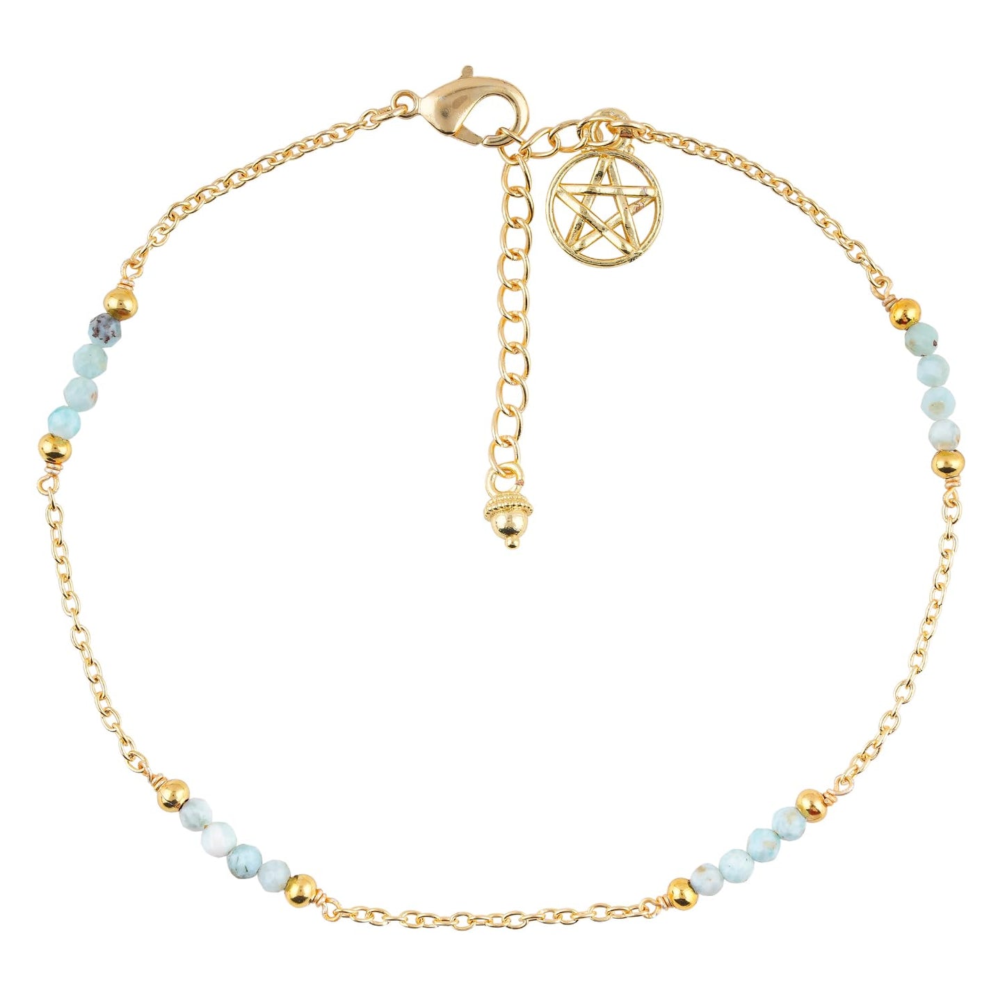 CRYSTALINES Natural Sky Blue Larimar Gemstone Beads, Handmade Station Dangle Star Charms Anklet, 14K Gold Plated, Adjustable Fashion Boho Jewelry for Women, Healing Crystals, Christmas Gift