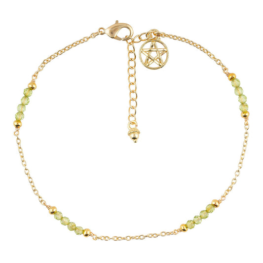 CRYSTALINES Natural Peridot Gemstone Beads, Handmade Station Dangle Star Charms Anklet, 14K Gold Plated, Adjustable Fashion Boho Jewelry for Women, Healing Crystals, Christmas Gift