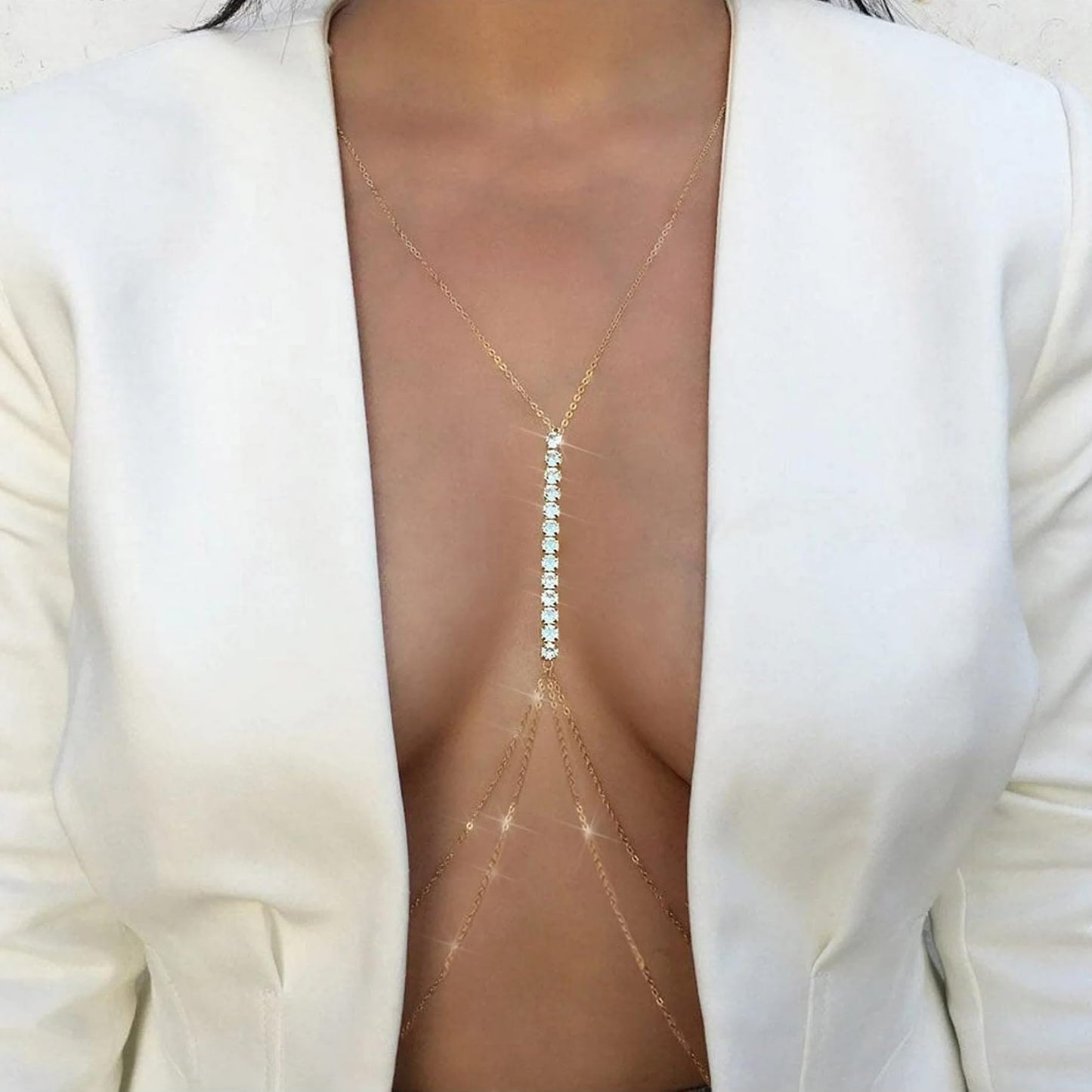 14K Gold Plated Body Chains for Women, Sexy Layered Belly Waist Chain Crossover Bikini Bra Chain, Summer Beach Rhinestone Body Jewelry(10 Imitation Diamonds)
