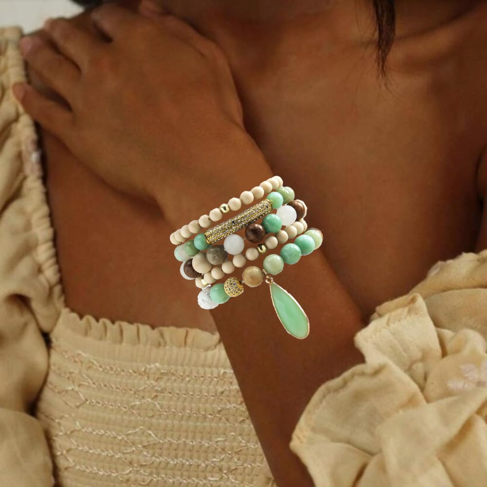 Yomisa Boho Beaded Bracelets/Bangle for Women,Multilayer Wrap 6PCS Healing Natural Pink Crystal Stone Bead Bracelets Stackable Friendship Stretch Beaded Bracelet Set Trendy Bohemian Jewelry Gift