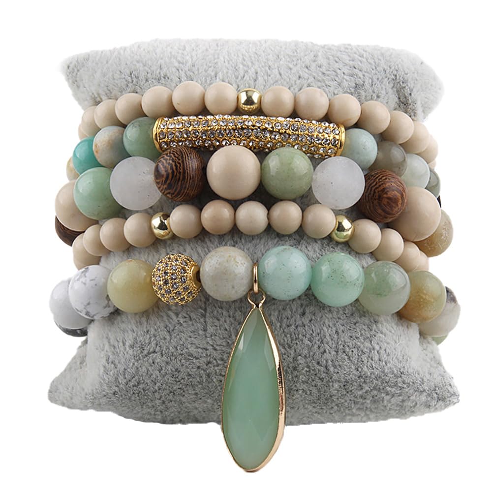 Yomisa Boho Beaded Bracelets/Bangle for Women,Multilayer Wrap 6PCS Healing Natural Pink Crystal Stone Bead Bracelets Stackable Friendship Stretch Beaded Bracelet Set Trendy Bohemian Jewelry Gift
