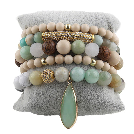 Yomisa Boho Beaded Bracelets/Bangle for Women,Multilayer Wrap 6PCS Healing Natural Pink Crystal Stone Bead Bracelets Stackable Friendship Stretch Beaded Bracelet Set Trendy Bohemian Jewelry Gift