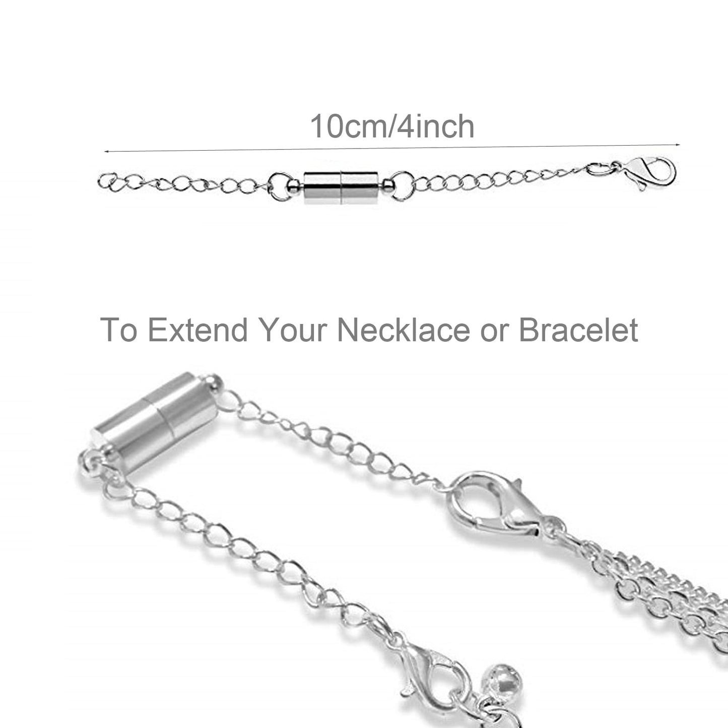 Mizeer Magnetic Necklace Extenders, Adjustable Chain Extenders for Necklaces, Magnetic Necklace Clasps and Closures with Extender Chains (4pcs Silver)