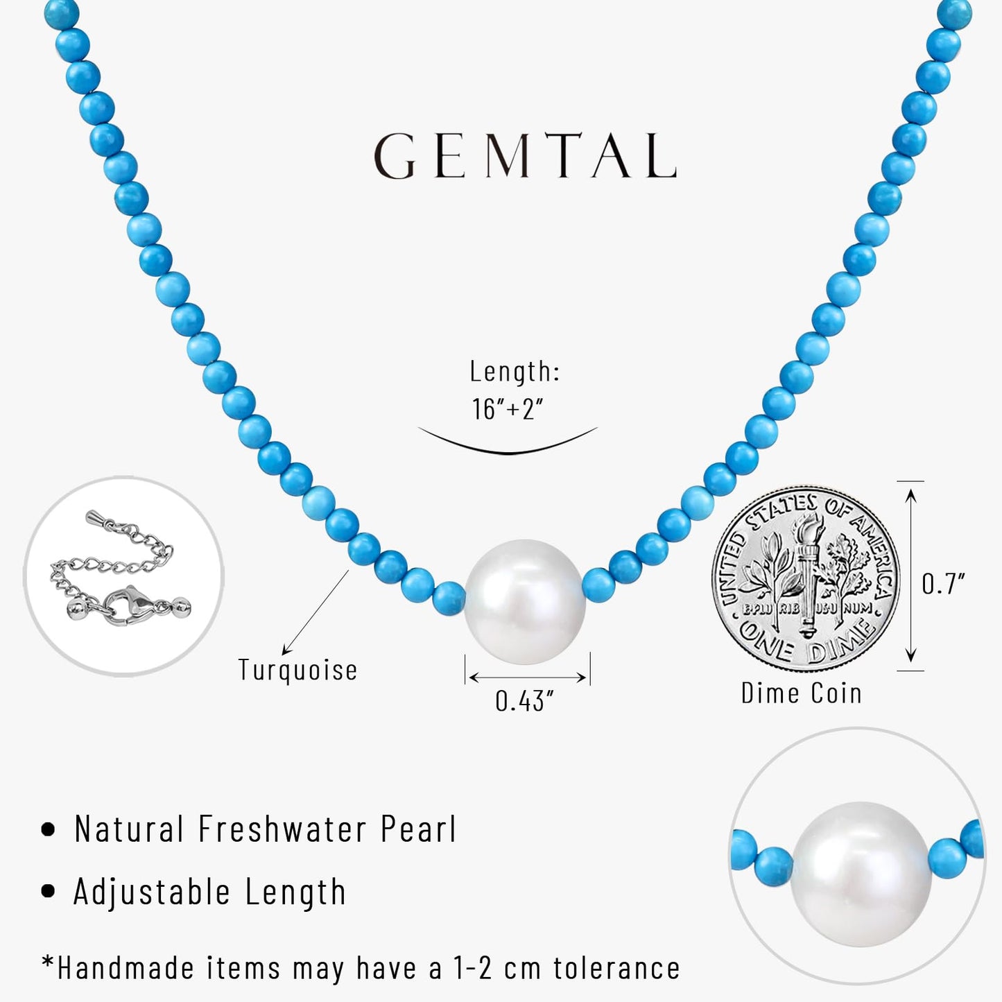 GEMTAL Dainty Single Pearl Pendant Necklaces for Women Trendy,Turquoise Necklace Natural Gemstone Stone Beaded Choker,Delicate Round Freshwater Pearl Necklace Jewelry Gift for Women