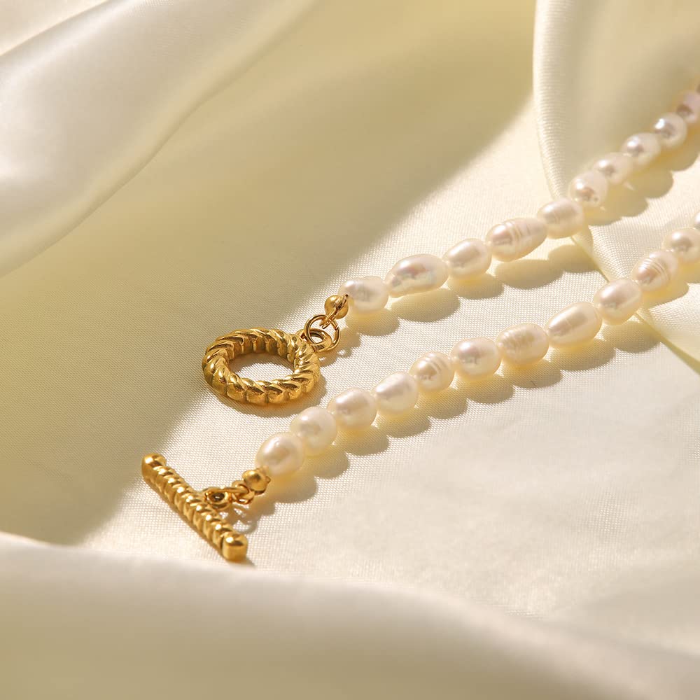18K Gold Pearl Clavicle Necklace, OT Buckle Freshwater Pearl Beaded Necklace, Beautiful Women's Day, Birthday Gift for Wife,Girlfriend (style two, 18K)