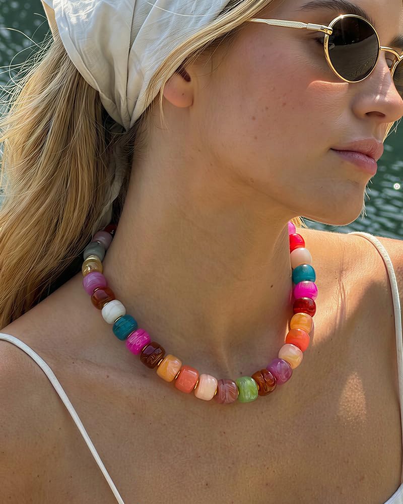 FAUTHENTICUTE Colorful Beaded Choker Necklace for Women Rainbow Bead Statement Necklace Boho Summer Beach Necklaces Trendy Western Beaded Necklaces for Women Everyday Jewelry