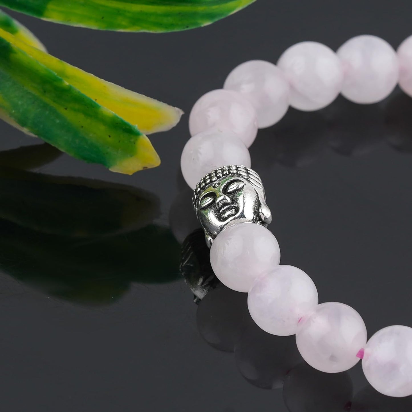 CRYSTALINES Buddha Charm Stretchable Braceclet, Natural Rose Quartz Gemstone Beads, Plain Round Stones, Handmade Boho Strech Bracelet, Adjustable Spiritual Healing Crystal Unisex Jewelry Gift