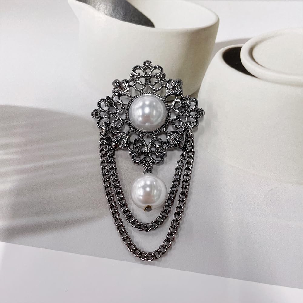 Vintage Round Pearl Filigree Flower Chain Tassel Brooches Lapel Pins for Women Girls Party Dance Banquet Dainty Boho Gold Dangle Drop Pin Dress Suit Clothes Accessories Jewelry (Black)