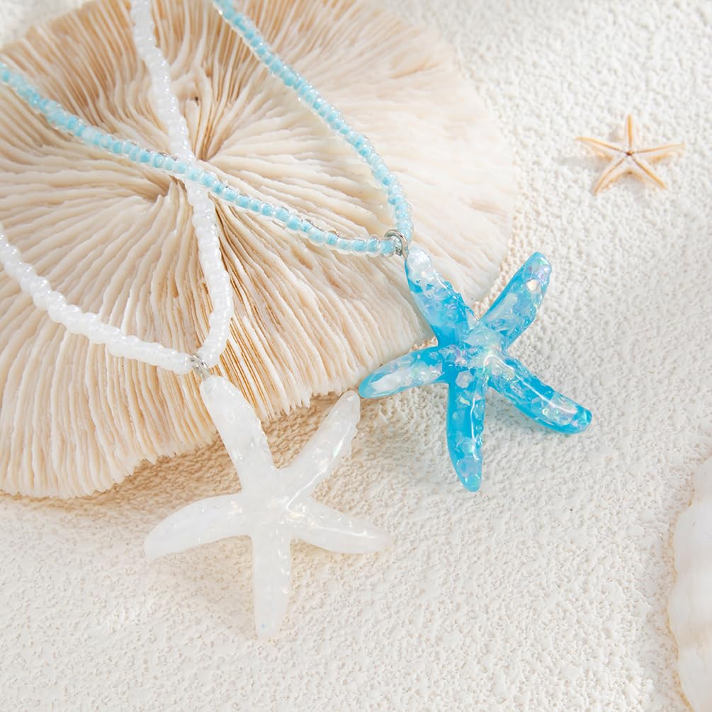 Douxsu 2Pcs Layered Boho White Blue Starfish Necklace for Women, Delicate Sea Star Pendant Hawaiian Small Beaded Chain Necklace Y2k Beach Ocean Beachy Jewelry (White-Blue)