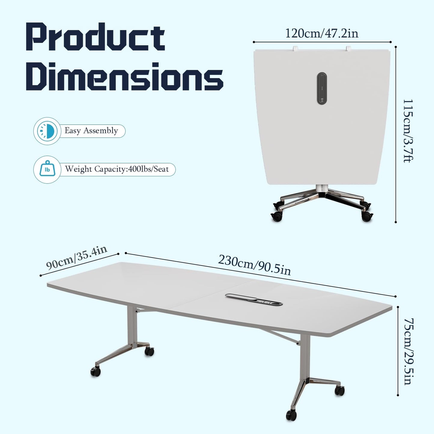 7.5 FT Large Folding Conference Table,Training Seminar Tables for 6-8 People,Built-in Wireless Charger and Power Box,Metal Legs Rolling Training Table for Office (4, White, 90.5"L×35.4“W×29.5"H)