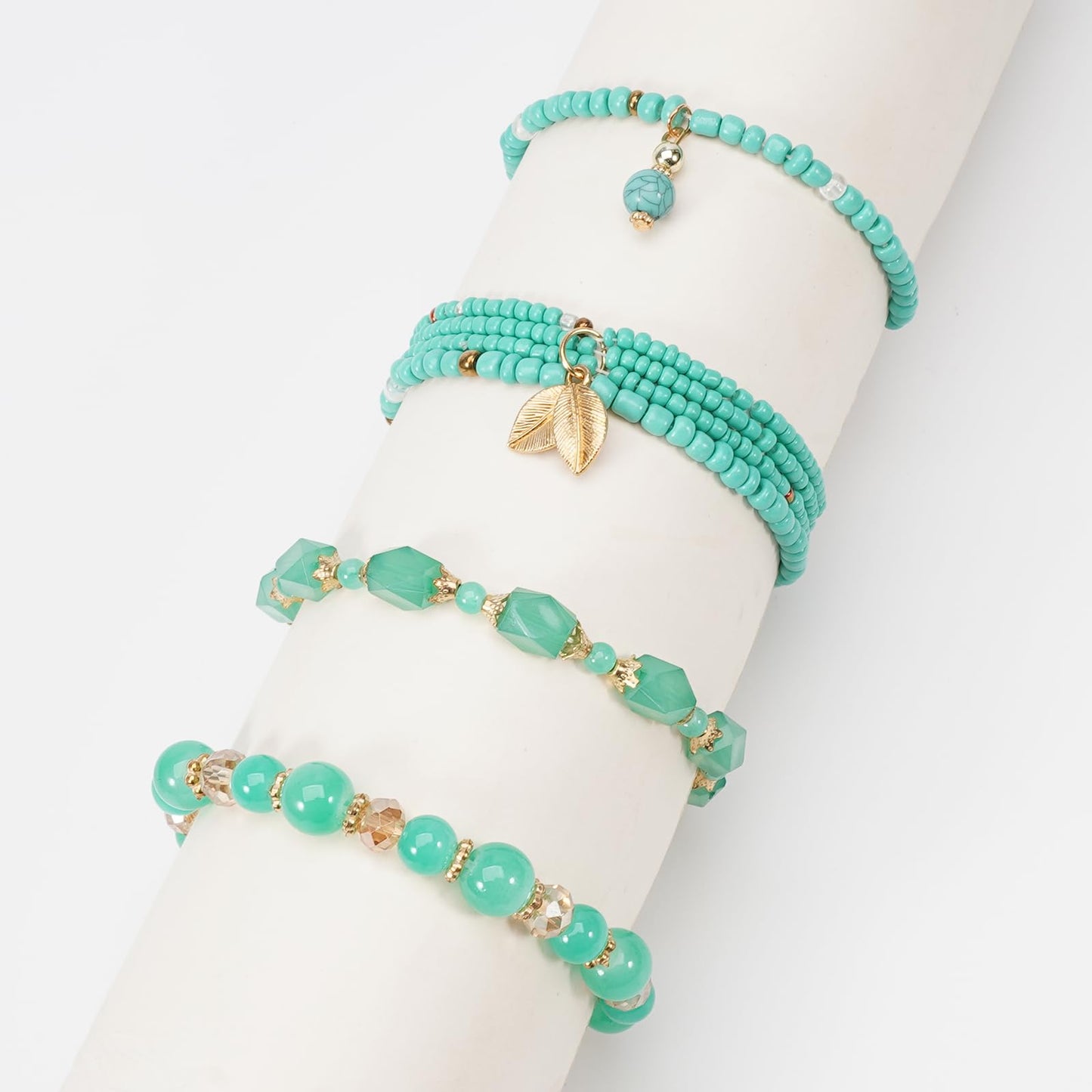 Briutn Turquoise Beaded Bracelet for Women Stackable Gold Leaf Charm Stretch Bracelets Boho Summer Beach Jewelry