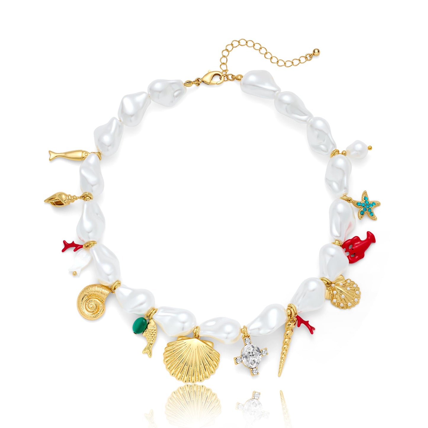 CLASSYZINT Baroque Simulated Pearl Necklace with Seashell Starfish Charms Ocean Theme Adjustable Jewelry for Women Beach Vacation Shell Necklace Birthday Gift