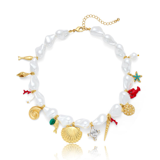 CLASSYZINT Baroque Simulated Pearl Necklace with Seashell Starfish Charms Ocean Theme Adjustable Jewelry for Women Beach Vacation Shell Necklace Birthday Gift