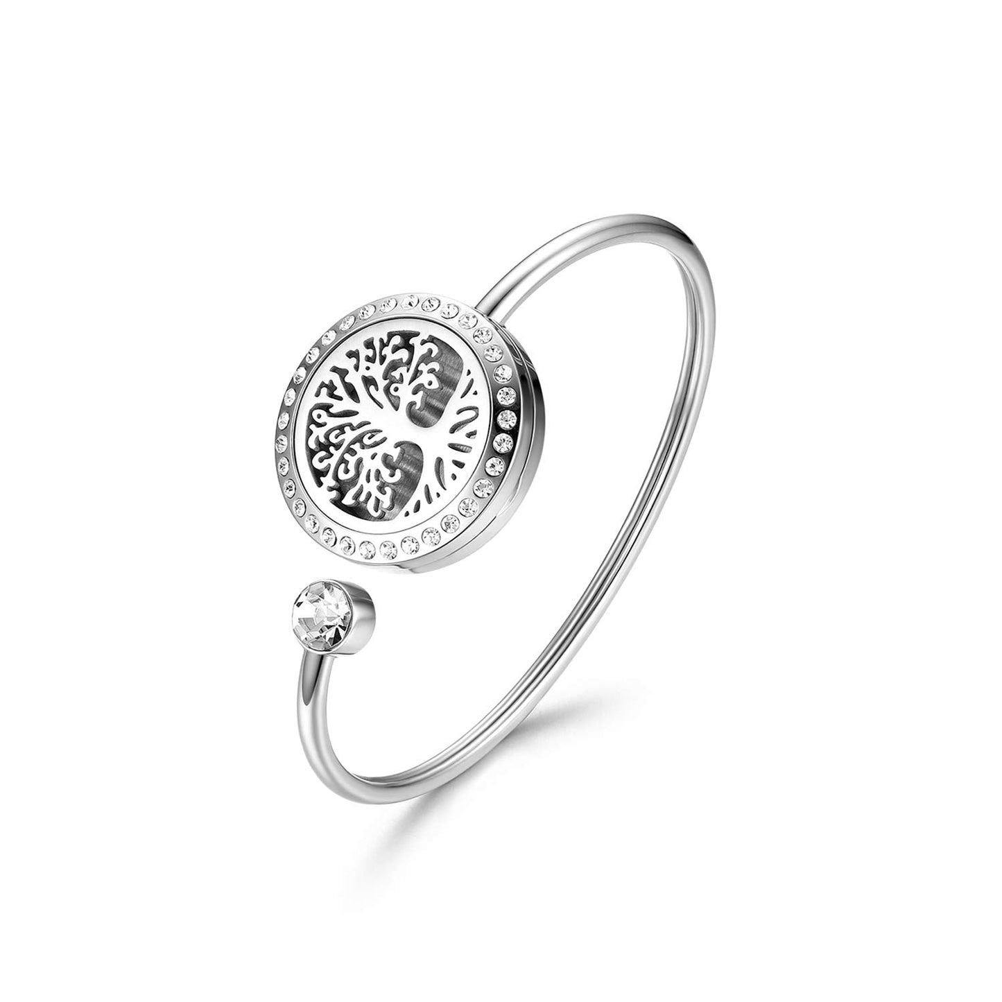 Cupimatch Adjustable Tree of Life Essential Oil Diffuser Bracelet, Stainless Steel CZ Aromatherapy Locket Bangle 8 Color Pads Jewelry Set for Women Gifts (Tree) for Mothers Day