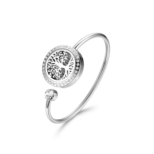 Cupimatch Adjustable Tree of Life Essential Oil Diffuser Bracelet, Stainless Steel CZ Aromatherapy Locket Bangle 8 Color Pads Jewelry Set for Women Gifts (Tree) for Mothers Day