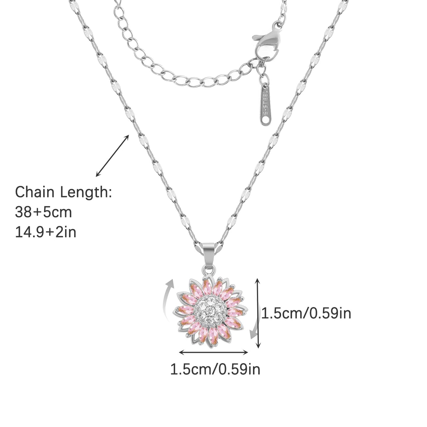 KONPJE Sunflower Fidget Necklace for Women Gold Moon Necklace Rotating Heart Necklaces Spinning Crystal Sunflower Anxiety Necklaces Crescent Moons Jewelry Accessories (SilverPink)