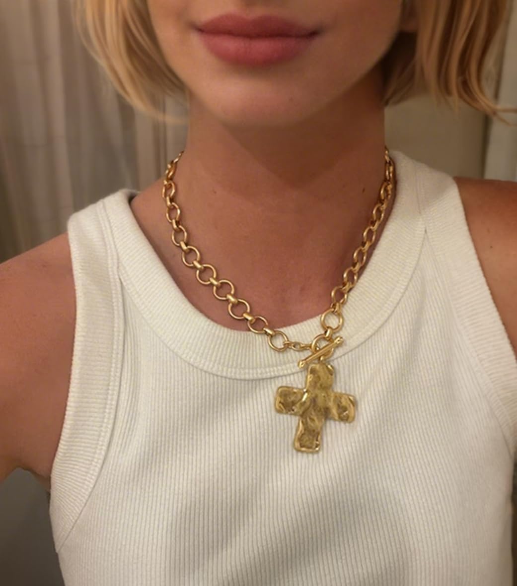 PEARLADA Chunky Big Cross Necklace for Women, Statement 18k Gold Plated Toggle Necklace Y2K Jewelry