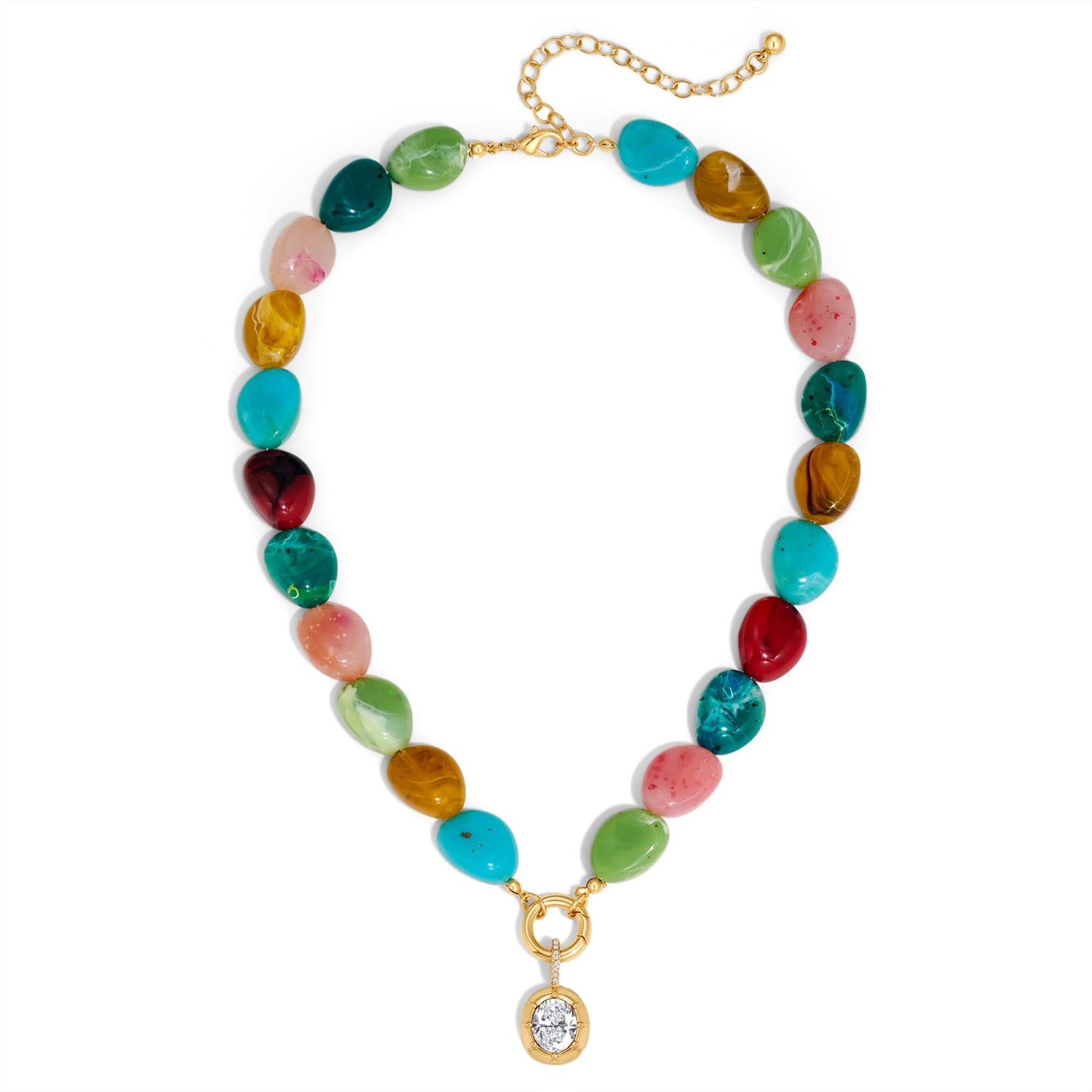 RepaTime Boho Colorful Acrylic Beaded Necklace for Women, Dainty Gold Plated Chunky Necklace with Cubic Zirconia Pendant, Statement Resin Bead Choker Necklace, Summer Beach Jewelry Gift for Her