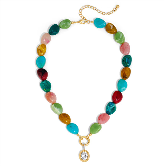 RepaTime Boho Colorful Acrylic Beaded Necklace for Women, Dainty Gold Plated Chunky Necklace with Cubic Zirconia Pendant, Statement Resin Bead Choker Necklace, Summer Beach Jewelry Gift for Her