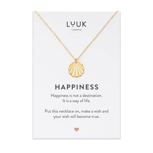 LUUK LIFESTYLE Stainless steel necklace for women with shell pendant and HAPPINESS gift card, lucky charm, jewellery, beauty symbol, 19” adjustable chain length, trendy fashion accessory, gold