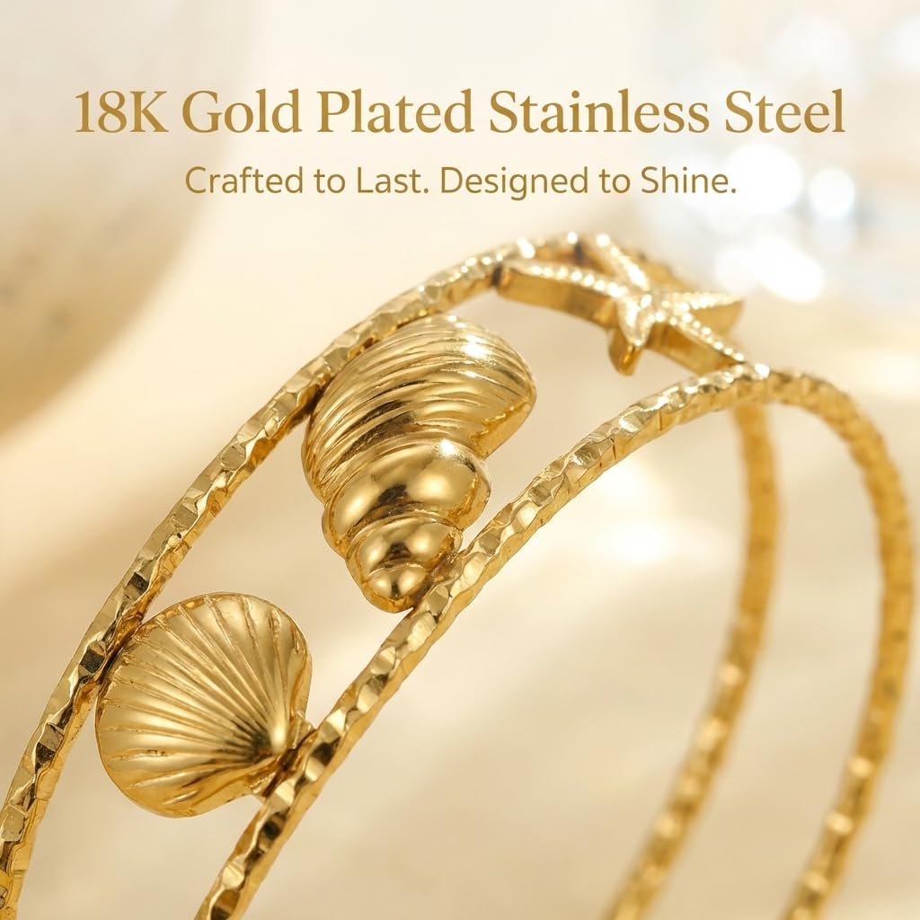 MystiGlimmer Starfish Open Cuff Bracelet for Women 18K Gold Plated Stainless Steel, Adjustable Ocean-Inspired Arm Cuff, Waterproof, Hypoallergenic Beach Jewelry Gift