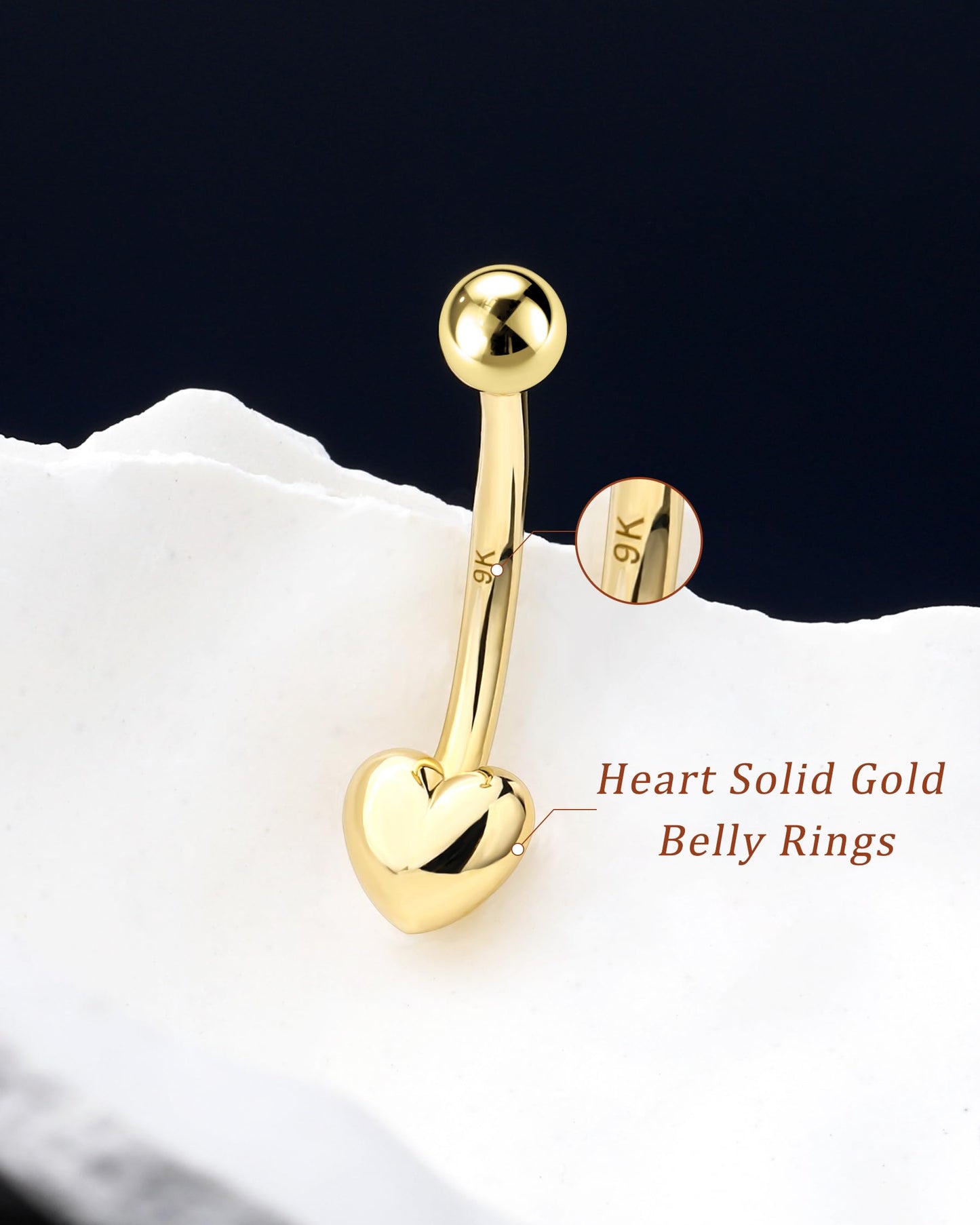 Melighting 9K Solid Gold Belly Button Ring With Heart and Clear CZ - 14G Navel Piercing Jewelry for Women