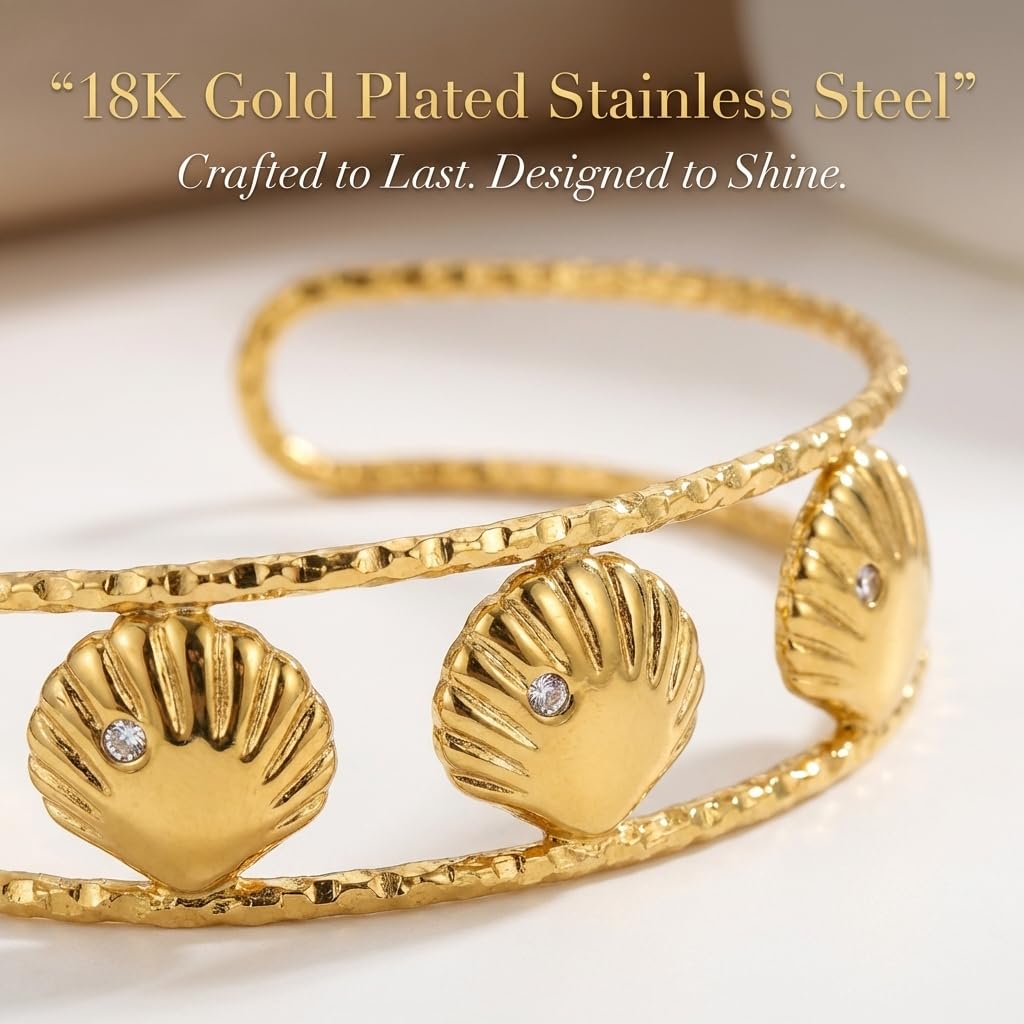 MystiGlimmer Starfish Open Cuff Bracelet for Women 18K Gold Plated Stainless Steel, Adjustable Ocean-Inspired Arm Cuff, Waterproof, Hypoallergenic Beach Jewelry Gift (3 Seashell)