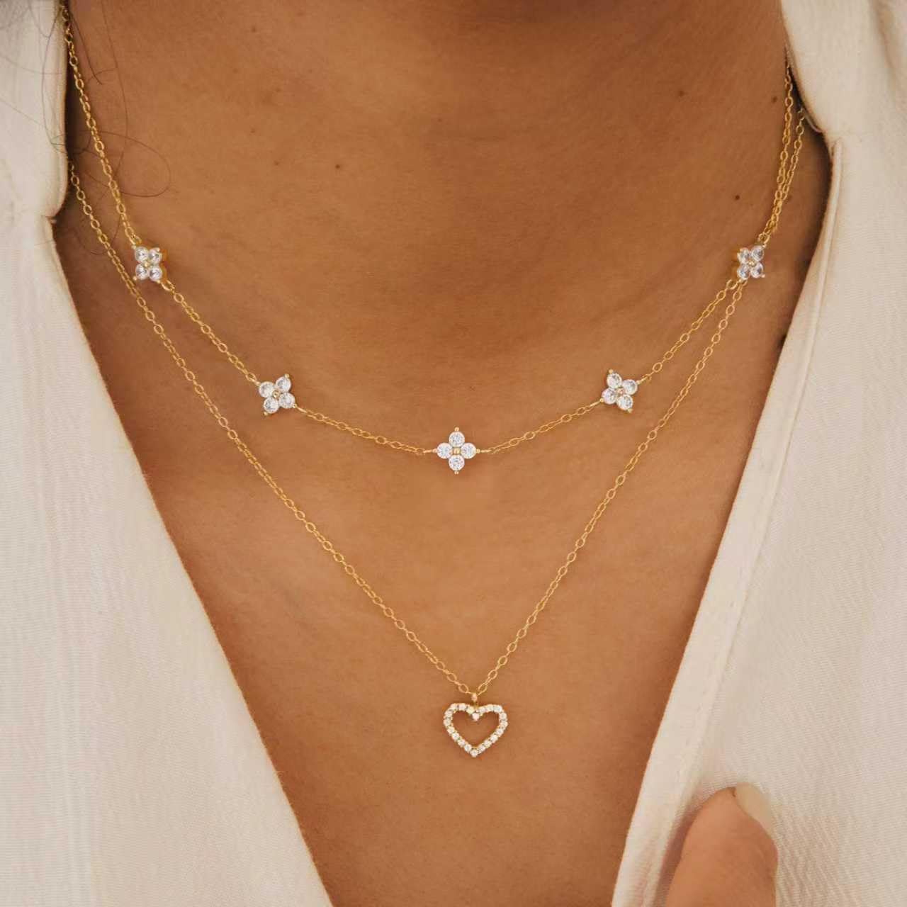 CUEZIY Dainty 14K Gold Plated Necklaces for Women Station Choker Cubic Zirconia Simulated Necklace Simple Cute Layering CZ Necklace Trendy Simple Jewelry Gifts