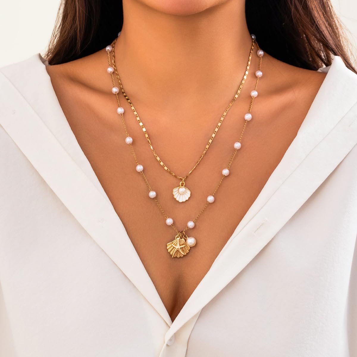 Layered Starfish Necklace Beach Jewelry for Women Seashell Cowrie Puka Shell Necklaces for Women Beach Necklace Turtle Beaded Choker Necklaces Ocean Jewelry (5 - Layered (white))
