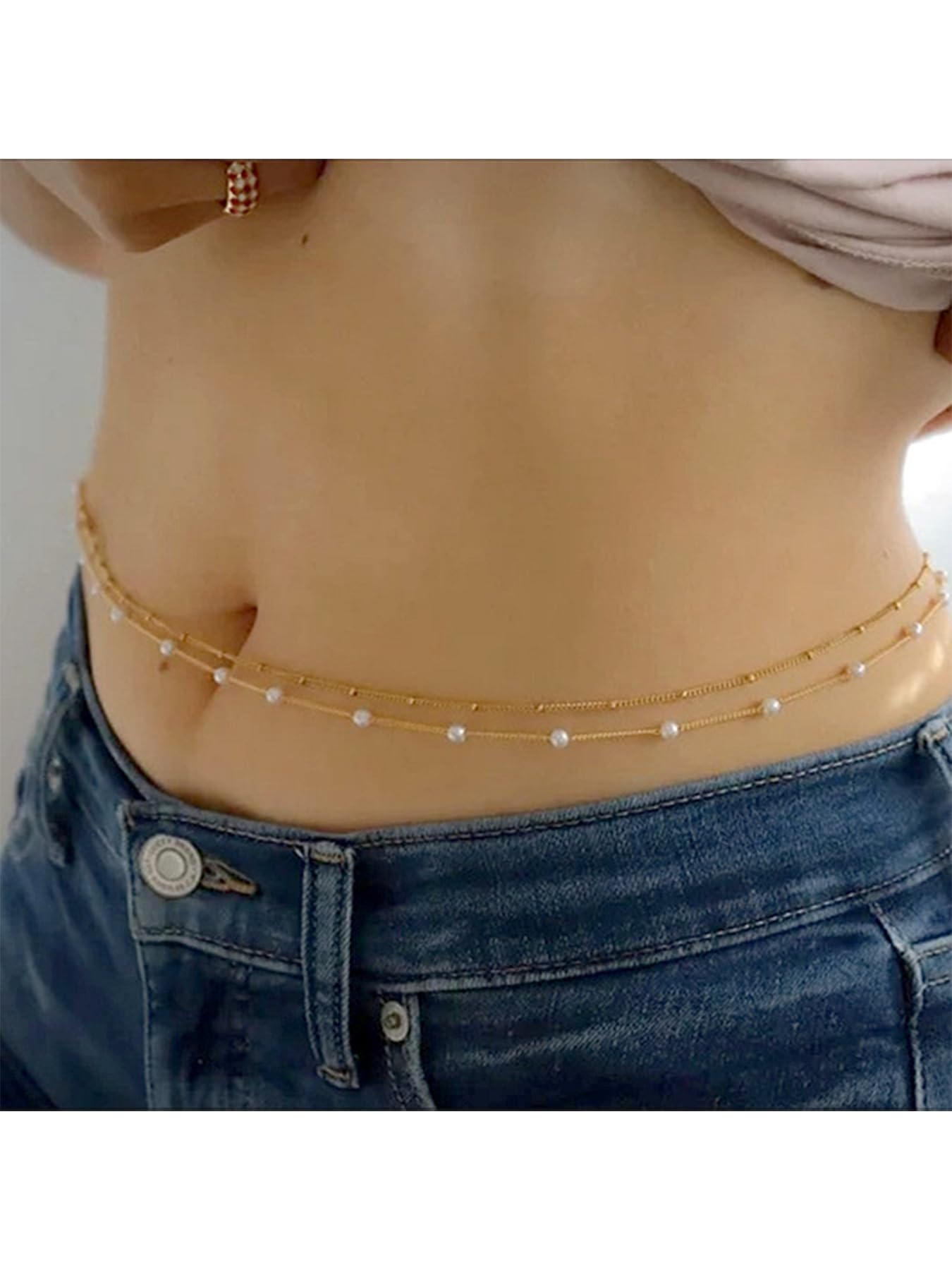 Longita 2pcs Pearl Belly Chain Gold Waist Chain for Women Waist Jewelry for Women Gold Belly Chains Beads Summer Stomach Jewelry Simple Sexy Body Chains Non Tarnish Waterproof Plus Size