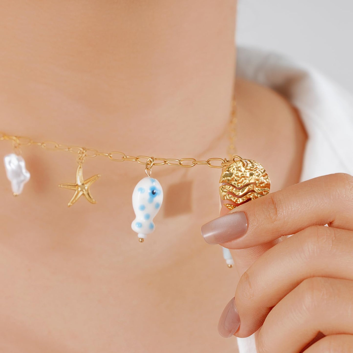 Chunky Gold Necklace Statement Boho Beach Ocean Summer Stainless Steel Jewelry Shell Starfish Turquoise Dolphin Pearl Sun Flower Wave Heart Fish Charm Choker Necklaces for Women(Wave)