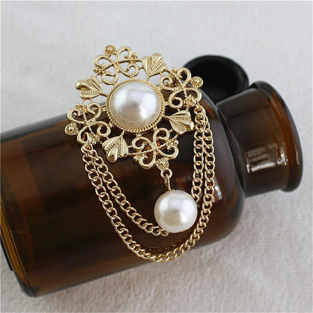 Vintage Round Simulated Pearl Filigree Flower Chain Tassel Brooches Lapel Pins for Women Party Dance Banquet Dainty Boho Dangle Drop Pin Dress Suit Clothes Accessories Jewelry (White)