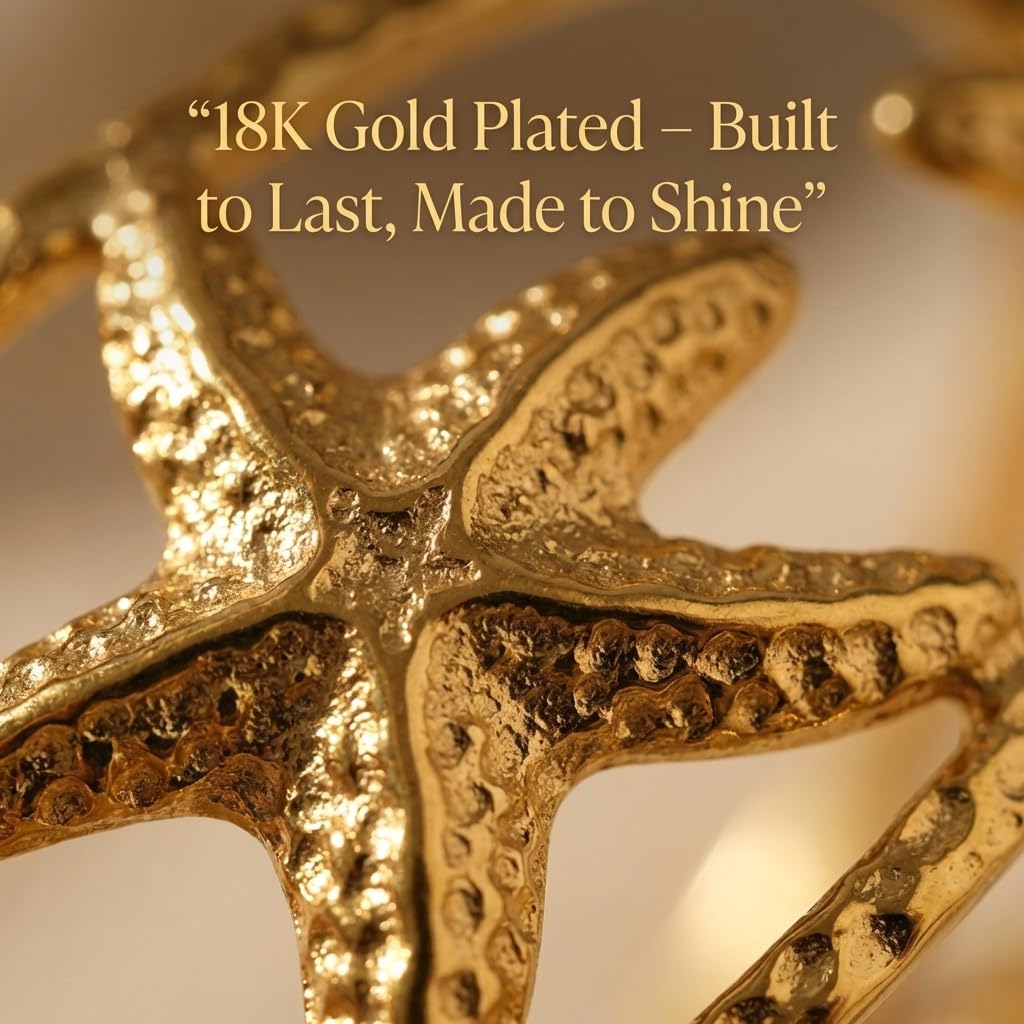 MystiGlimmer Starfish Bracelet with Luxury Gift Box 18K Gold Plated Stainless Steel, Adjustable Open Cuff, Waterproof & Hypoallergenic Jewelry Gift for Women (3Starfish)