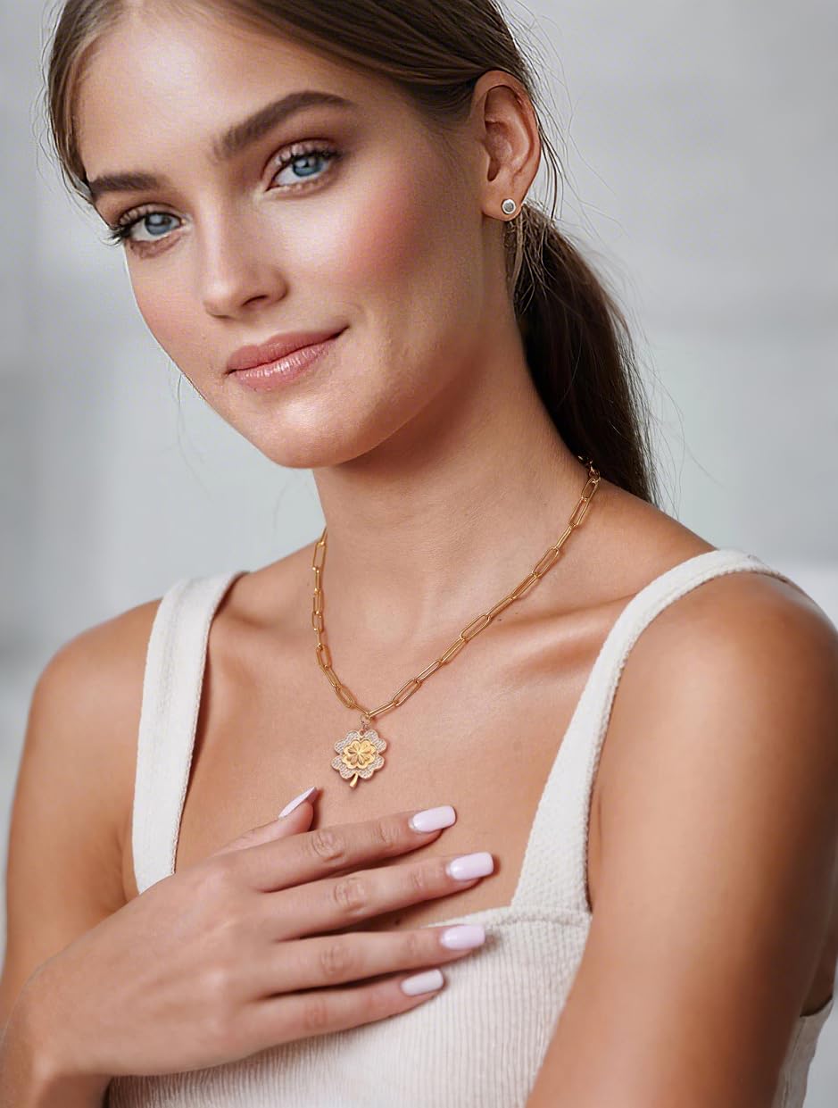 PEARLADA Dainty Four Leaf Clover Necklace, 18k Gold Plated Paperclip Necklace for Women, Cubic Zirconia Lucky Charm Jewelry