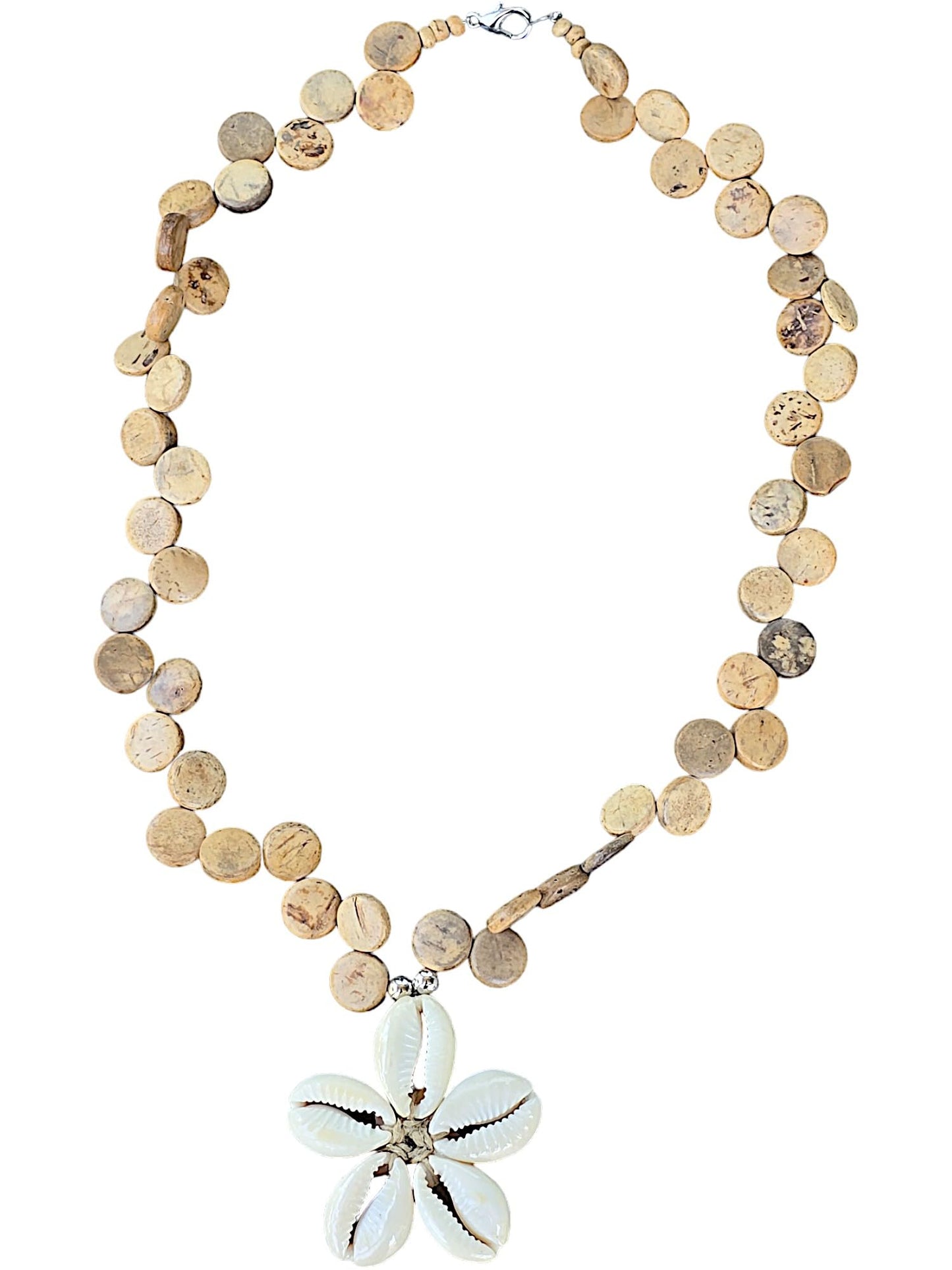 BlueRica Cowrie Shells Flower on Tan Coconut Shell Disc Beads Necklace