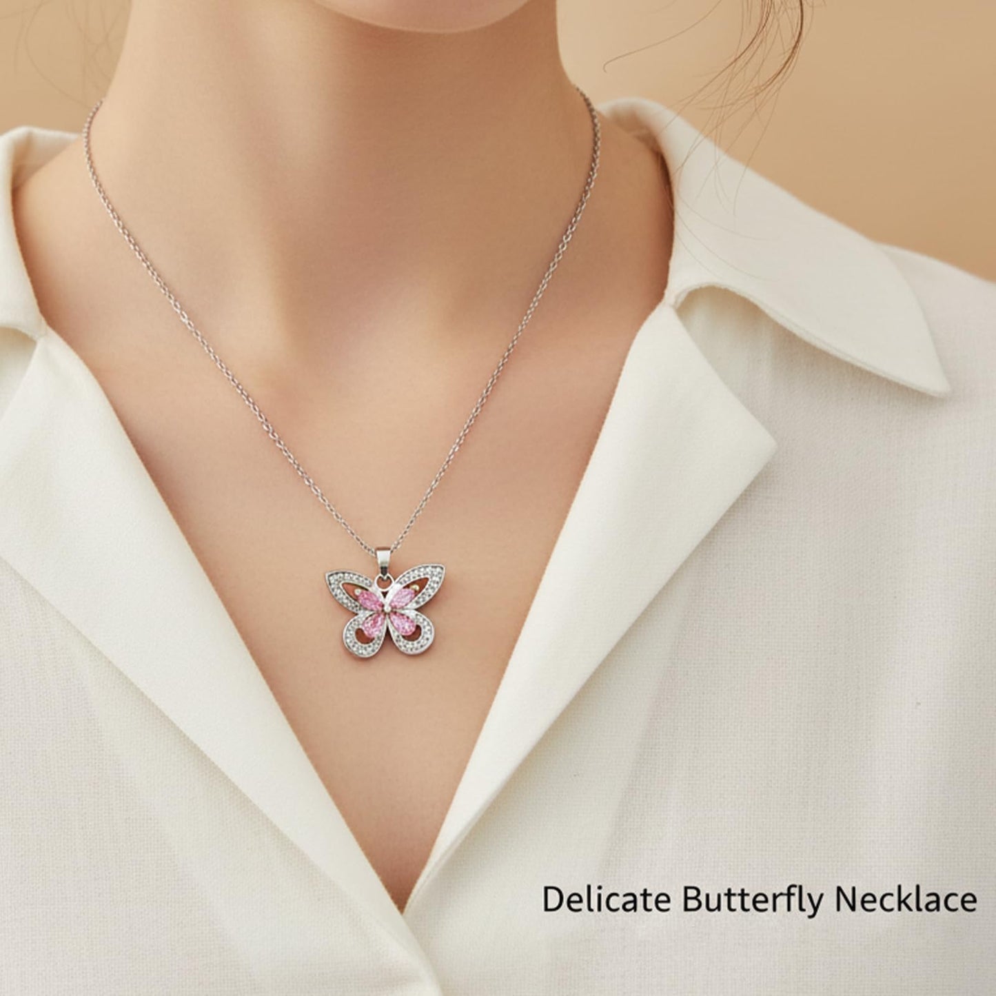 crataly Rose Quartz Butterfly Necklace For Women-Silver Plated October Birthstone Necklace For Valentine's Day Mother's Day Christams Birthday Gifts