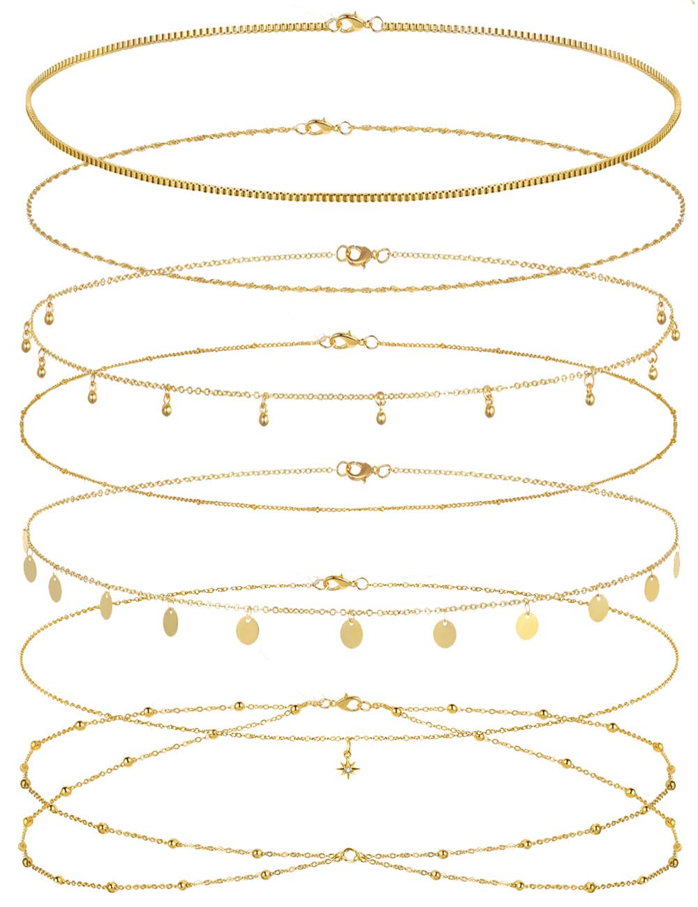 Tornito 8Pcs Waist Chain 18K Gold Plated Belly Chain Sexy Bikini Summer Beach Layered Satellite Beads Coin Sequin Octagram Star Box Chain Body Jewelry Gifts for Women Gold Silver Tone Adjustable