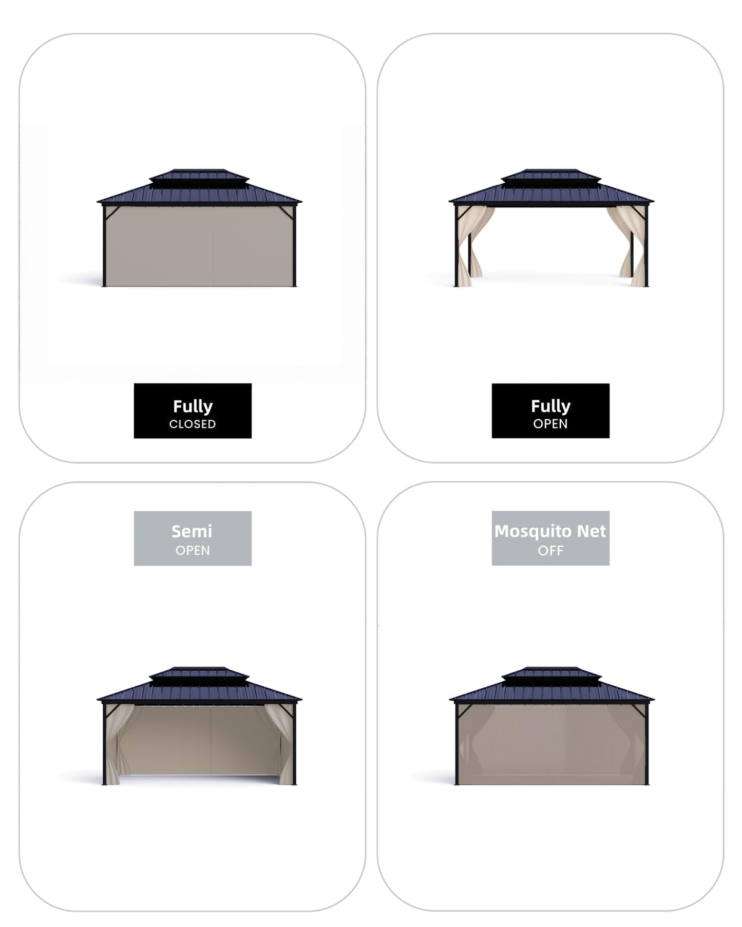 12x16 ft All-Weather Hardtop Gazebo with Double Metal Roof & Aluminum Frame – Permanent Outdoor Shelter with Net & Curtains for Patio, Deck, Backyard, Lawn, and Garden
