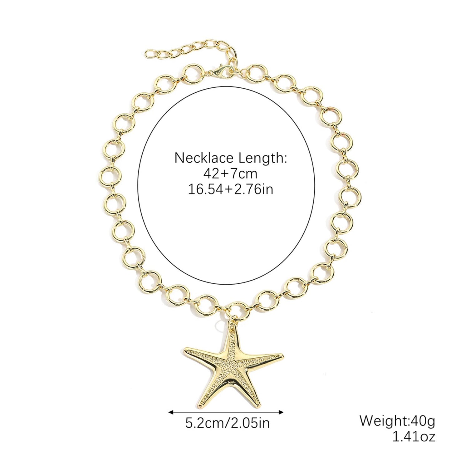 bike8 Gold Starfish Necklace for Women Chunky Big Starfishs Pendant Necklace Summer Beach Ocean Statement Jewelry Outfits Accessories (O-chain starfish)
