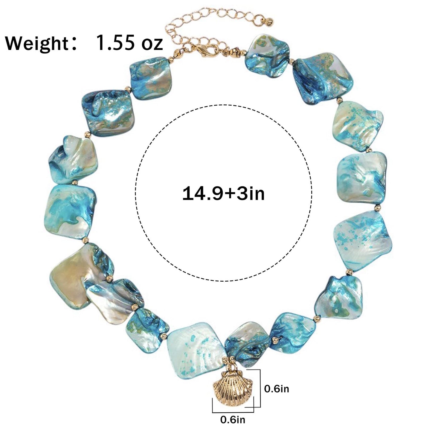 BYETOCE Metal Seashell Charm Necklace Blue Irregular Shell Pendant Necklace Boho Starfish Ocean Beaded Choker Summer Beach Fashion Statement Jewelry for Women Outfits Accessories