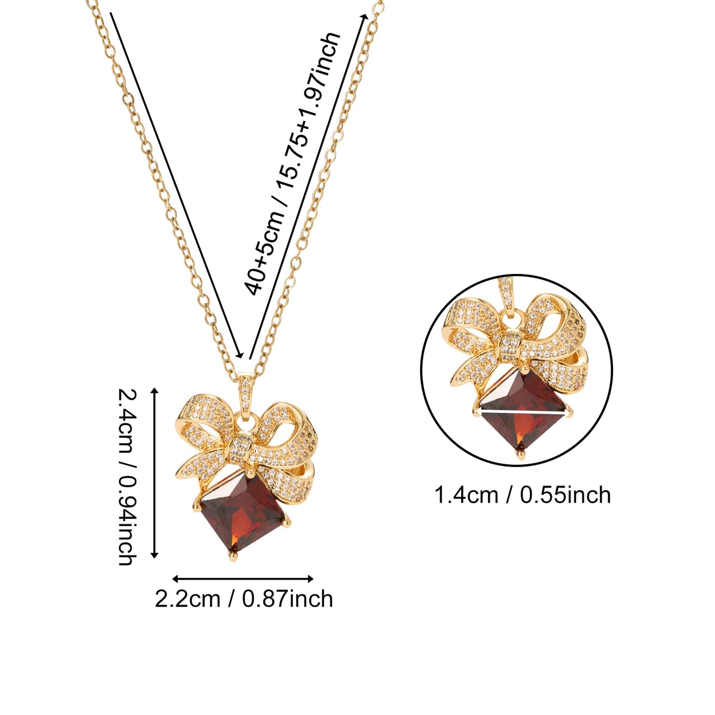 crataly Red Square Garnet Bow Necklace for Women-Gold Plated January Birthstone Vintage Necklace For Valentines Day Mother's Day Christmas Birthday Gifts